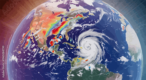 宇宙から見た地球の姿に巨大なハリケーンと北米大陸を覆う熱波のヒートマップを重ね合わせた、地球温暖化や気候変動による異常気象の脅威を象徴的に描いたデジタルイラストレーション。環境保護や科学的な気象データの可視化をテーマにした背景素材。