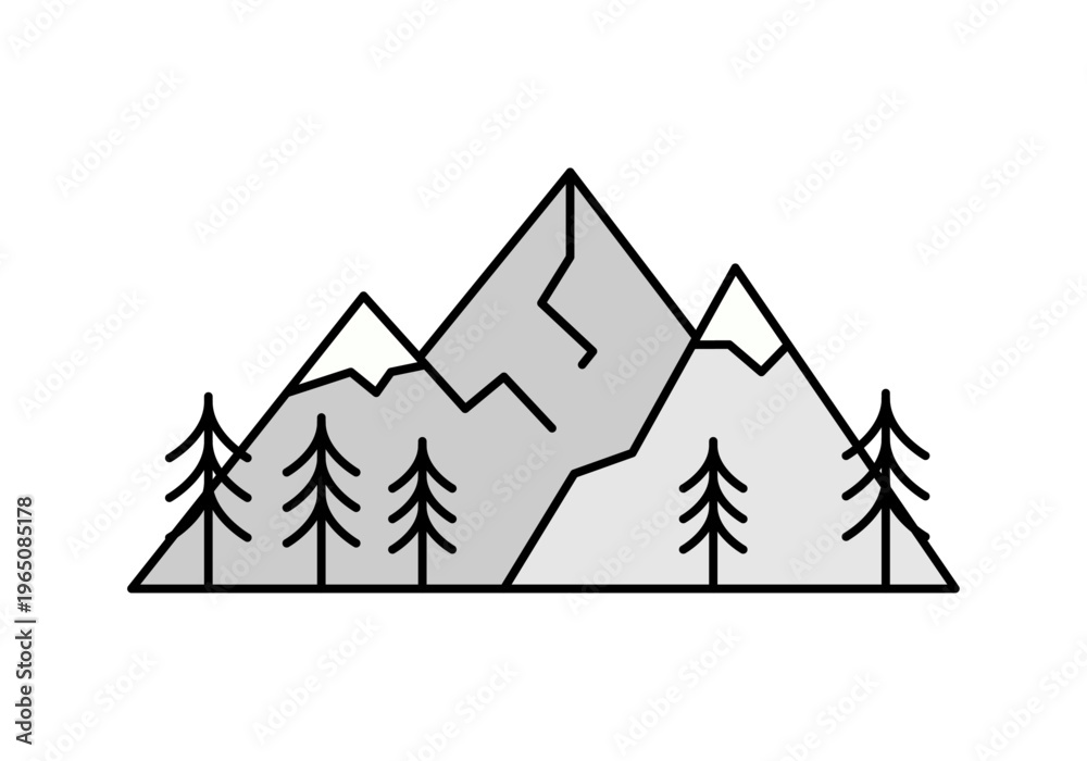 Obraz premium Icono lineal de picos de montaña con cimas nevadas y bosque de pinos