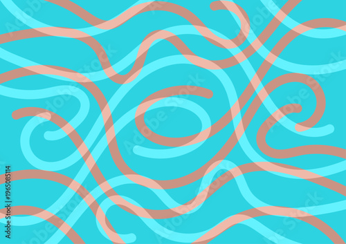 Fondo abstracto de líneas curvas celestes y rosadas entrelazadas sobre un fondo turquesa vibrante con efecto dinámico