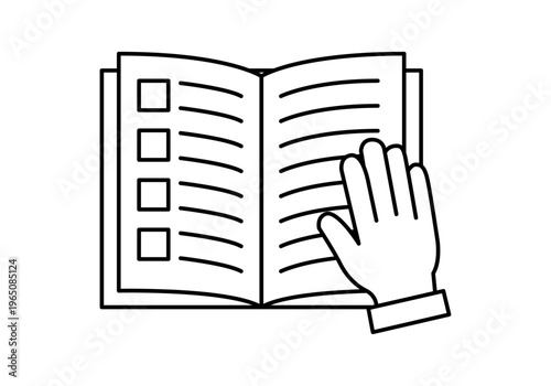 Icono de mano sobre un libro abierto con lista de tareas en estilo lineal minimalista 