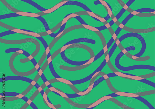 Fondo abstracto de líneas curvas entrelazadas en tonos azules y rosados sobre una base verde vibrante con efecto dinámico