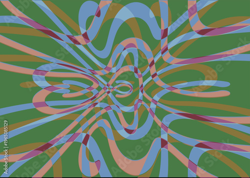 Fondo abstracto de líneas curvas entrelazadas con efecto de distorsión óptica y colores vibrantes sobre base verde