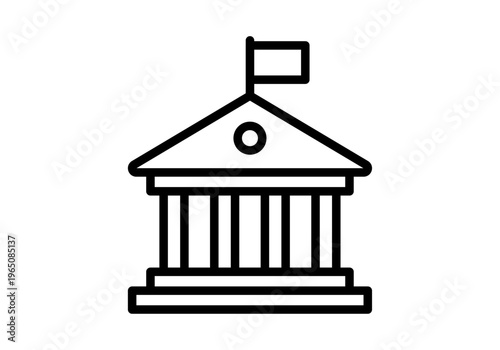Icono lineal de un edificio gubernamental o universidad con columnas y una bandera para conceptos de justicia y educación