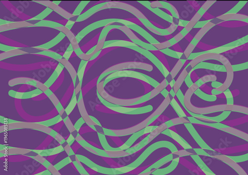 Fondo abstracto de líneas curvas entrelazadas en tonos verdes y grises sobre un fondo púrpura vibrante con efecto dinámico