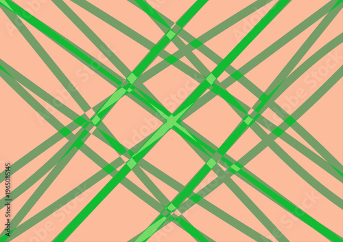 Fondo abstracto de líneas verdes cruzadas sobre un fondo salmón con un patrón geométrico de cuadrícula
