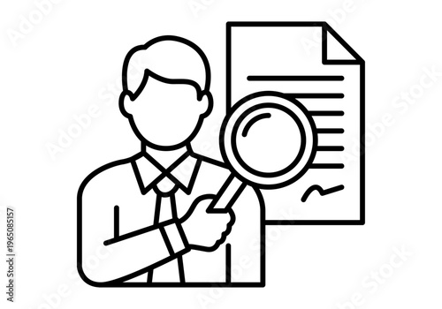 Icono lineal de un auditor o detective analizando un documento con una lupa para conceptos de revisión legal y supervisión empresarial