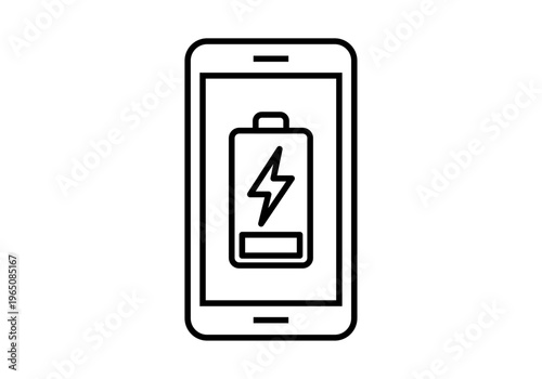 Icono lineal de un teléfono inteligente mostrando un símbolo de batería baja con rayo de carga 