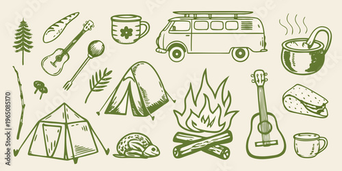 Camping essentials illustration with a vintage van and hand drawn silhouette