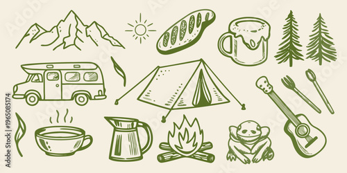 Hand drawn camping elements including a van and tent silhouette