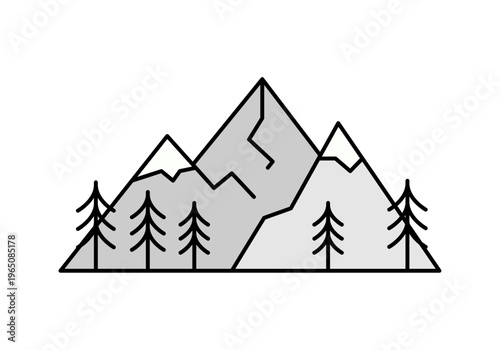 Icono lineal de picos de montaña con cimas nevadas y bosque de pinos