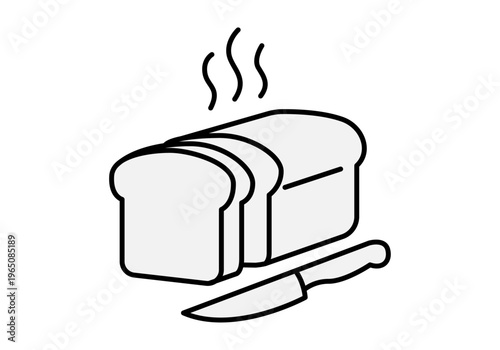 Icono lineal de pan de molde recién horneado con rodajas cortadas y cuchillo para conceptos de panadería y desayuno