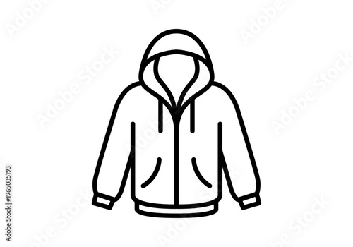 Icono lineal de una sudadera con capucha y cremallera frontal para conceptos de moda urbana y ropa deportiva