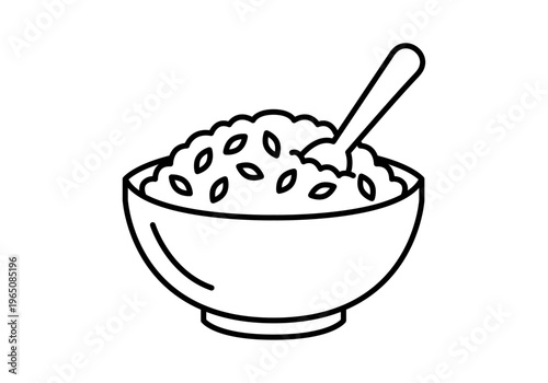 Icono lineal de un cuenco de arroz con una cuchara para conceptos de alimentación saludable y gastronomía asiática
