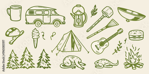 Camping equipment and outdoor adventure items in a hand drawn silhouette