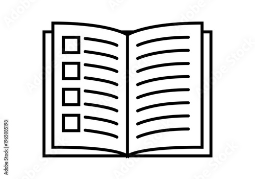 Icono lineal de un libro abierto con una lista de verificación y casillas de verificación para conceptos de planificación y educación