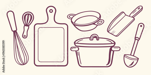 Hand drawn kitchen utensils including pots pans and tools silhouette