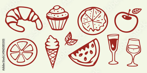 Hand drawn dessert and fruit illustrations in a reddish brown silhouette