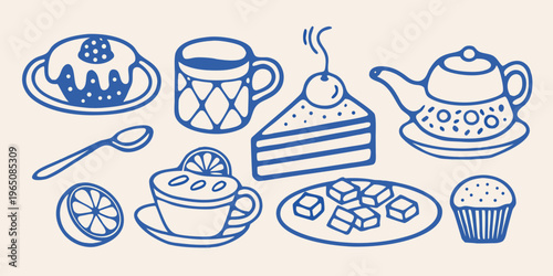 A charming collection of tea time treats in blue line art silhouette