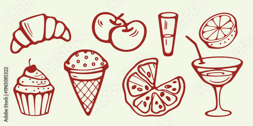 Hand drawn dessert and fruit collection in a reddish brown silhouette