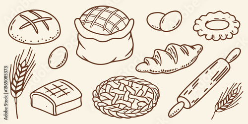Hand drawn illustration of various breads and wheat stalks silhouette