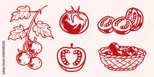 Red tomato illustrations with leaves and a basket graphic silhouette