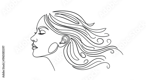 Elegant woman face profile line art with flowing hair for beauty conc