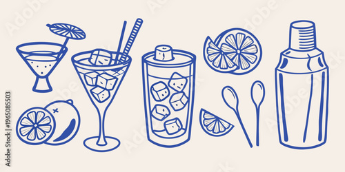 Blue line art of various cocktail glasses and fruit silhouette