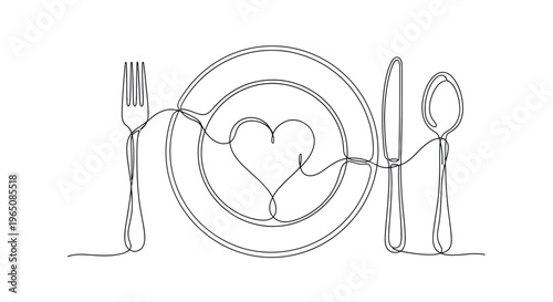 Romantic dinner cutlery heart shape love food line art design