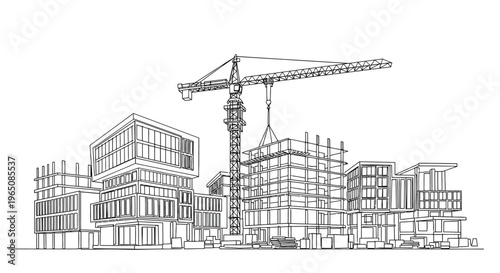 Urban city construction site building development line art sketch