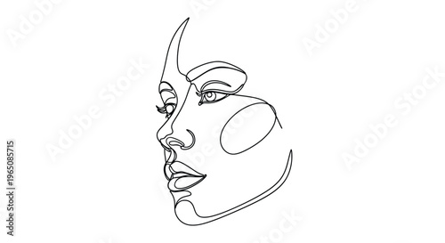 Continuous line drawing of beautiful woman face profile
