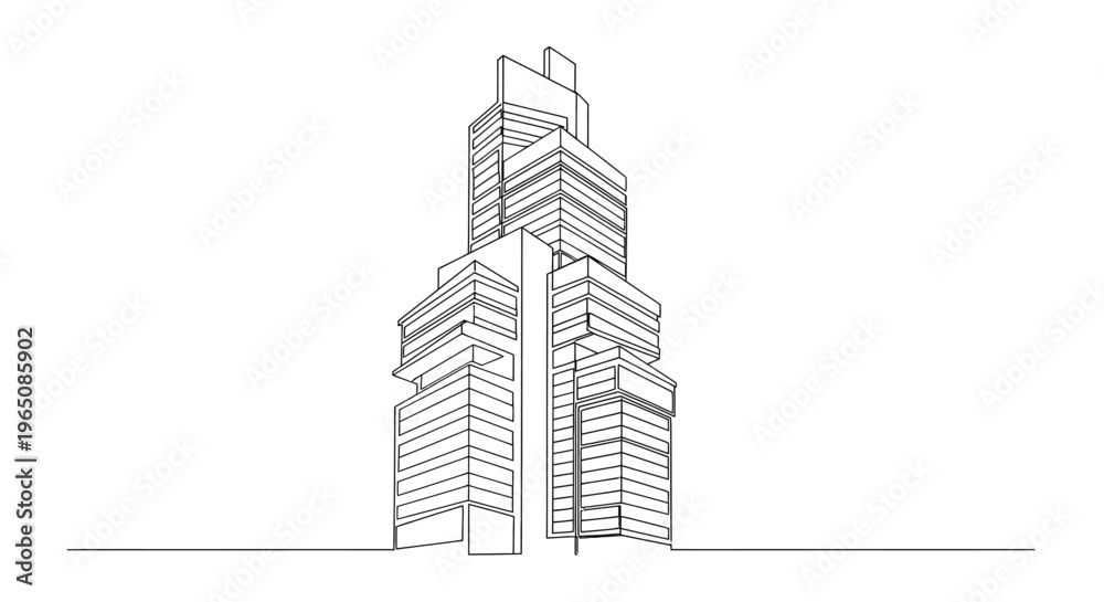 Fototapeta premium Modern skyscraper continuous line art building illustration