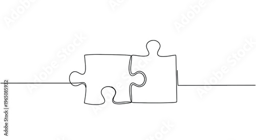 Connected puzzle pieces continuous line art solution concept