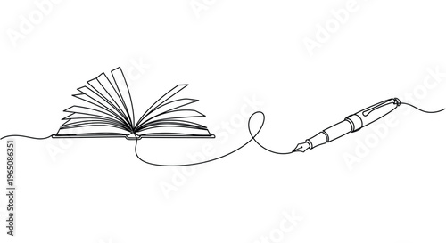 Open book and fountain pen connected by single continuous line