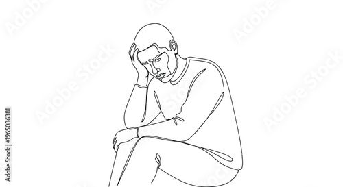 Sad man holding head in despair, continuous line art drawing