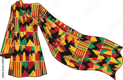 Vibrant kente cloth dress paired with matching scarf showcasing traditional african patterns and bold colors in a stylish ensemble Vector