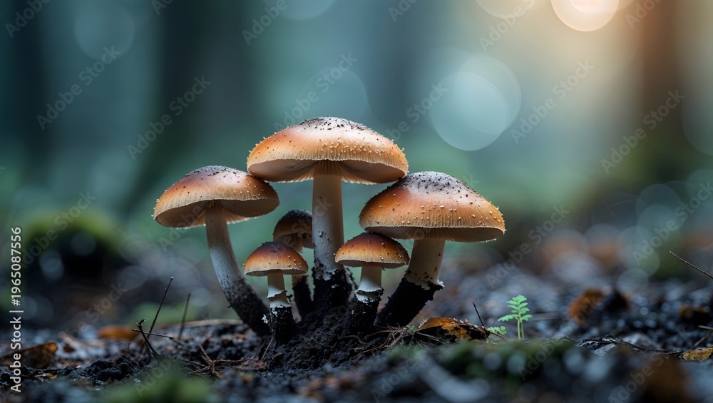 Fototapeta premium Close-up view of a cluster of wild mushrooms in a forest floor