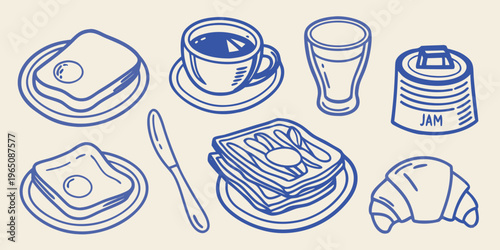 Breakfast items including toast coffee and pastries a blue silhouette