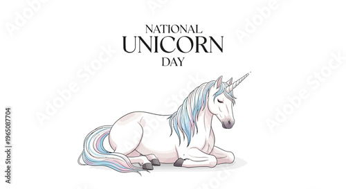 Illustration of a white unicorn with pastel mane and tail, lying down, for National Unicorn Day celebration with a fantasy theme.