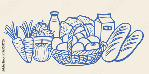 A colorful assortment of groceries depicted in a hand drawn silhouette