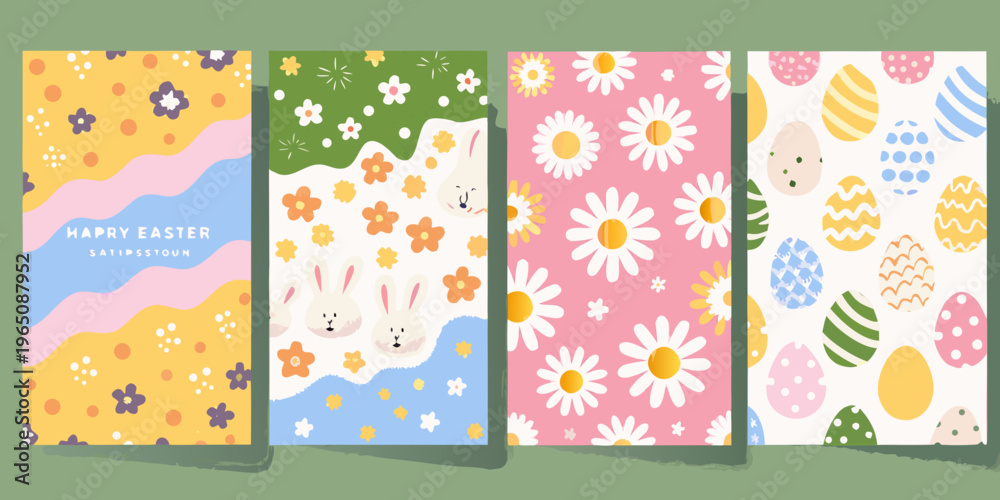Fototapeta premium Colorful easter patterns and bunny silhouettes on phone backgrounds