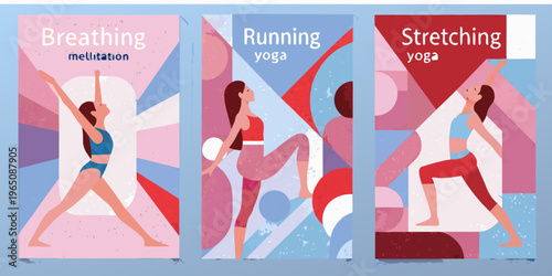 Fitness and wellness illustrations depicting breathing running and stretching silhouette