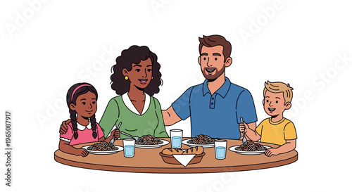 Happy diverse family enjoying a meal together at a round table, illustration style