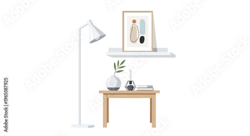 Modern Abstract Art Decor: Floor Lamp, Shelf, Table, Vase with Plant, Candle, Book