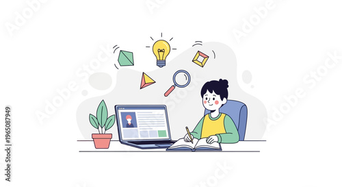 Young student learning online with laptop, ideas and magnifying glass illustration
