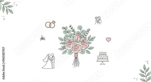 Wedding Elements: Bouquet, Rings, Cake, Bride, Groom, Heart, Leaves - White Background