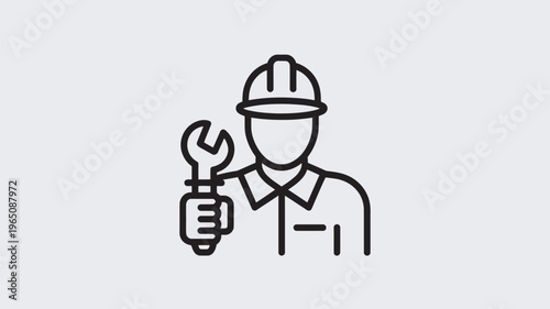 A minimalist outline icon depicting an anonymous worker or technician wearing a hard hat and confidently holding a large wrench, symbolizing repair, maintenance, and construction professions.