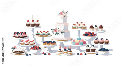 Sweet Dessert Table Arrangement: Wedding Cake, Cupcakes, Macarons, Berries, Pastries
