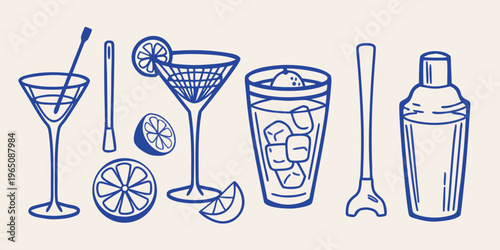 Blue line art of cocktail glasses and fruit a defined silhouette