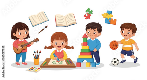 Diverse children engaged in creative play and learning activities, including music, art, building, and sports.