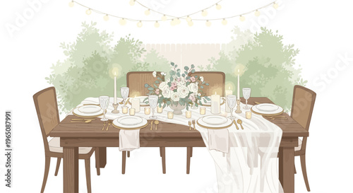 Elegant Outdoor Wedding Table Setting with String Lights and Floral Centerpiece